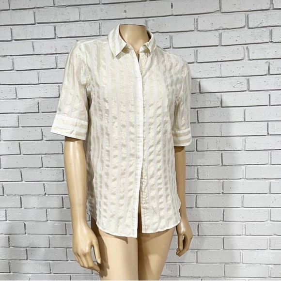 New York & Company Women’s White Gold Striped Short Sleeve Button Down - Picture 1 of 4
